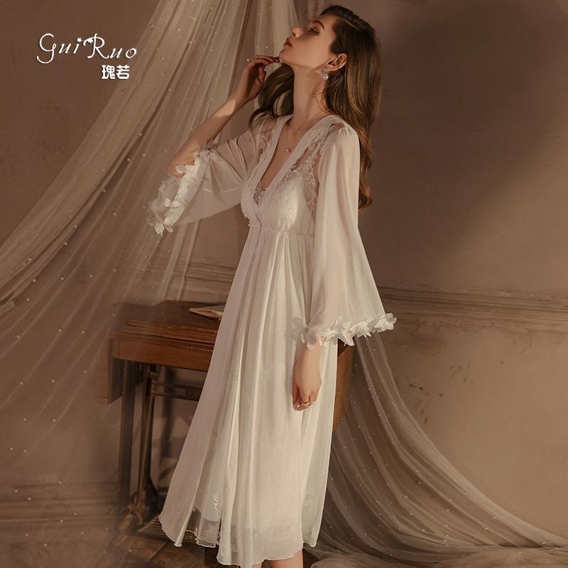 Women's Plus Size Padded Embroidered Long Cami Sleep Dress with Robe Set