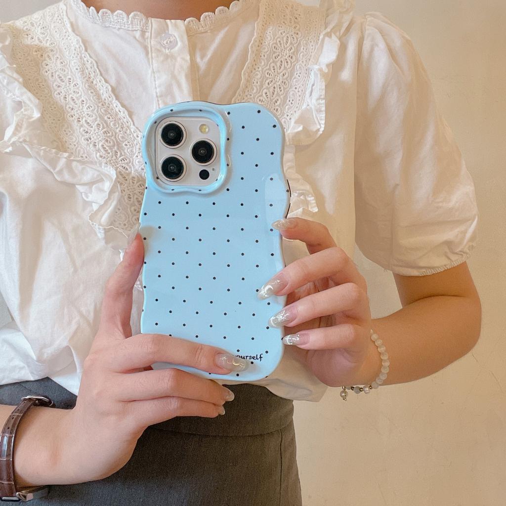 Korean Style Solid Color Polka Dot Wave Shell Compatible with iPhone 16 Pro Max Apple 17 Phone Case 15/14 Two-in-One