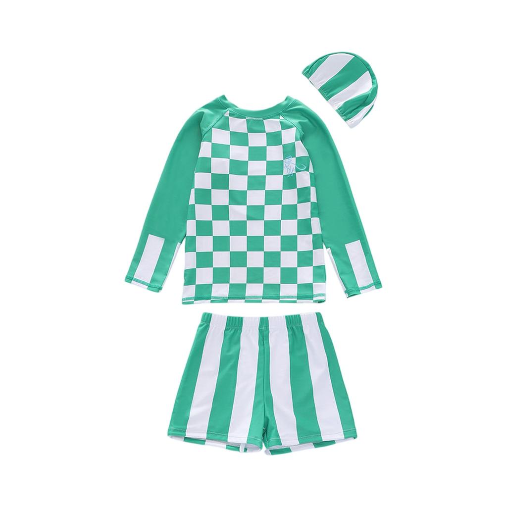 Boys Three Piece Swimwear Set Long Sleeve Rash Guard Swim Shirt Swim Shorts and Swim Cap Cartoon Print Lightweight Quick Dry