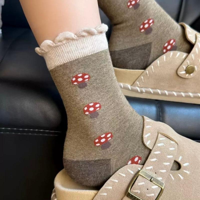 Mica Color Spring Retro Mushroom Mid-calf Pure Cotton Socks for Children