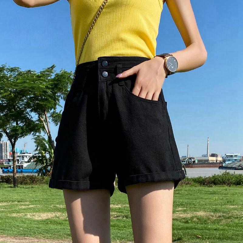 

Классическая и минималистская мода, универсальные черные женские летние брюки с ультра-высокой талией, тонкие брюки А-силуэта, широкие брюки, повседневные подвернутые джинсовые шорты, индивидуальность 2XL чёрный