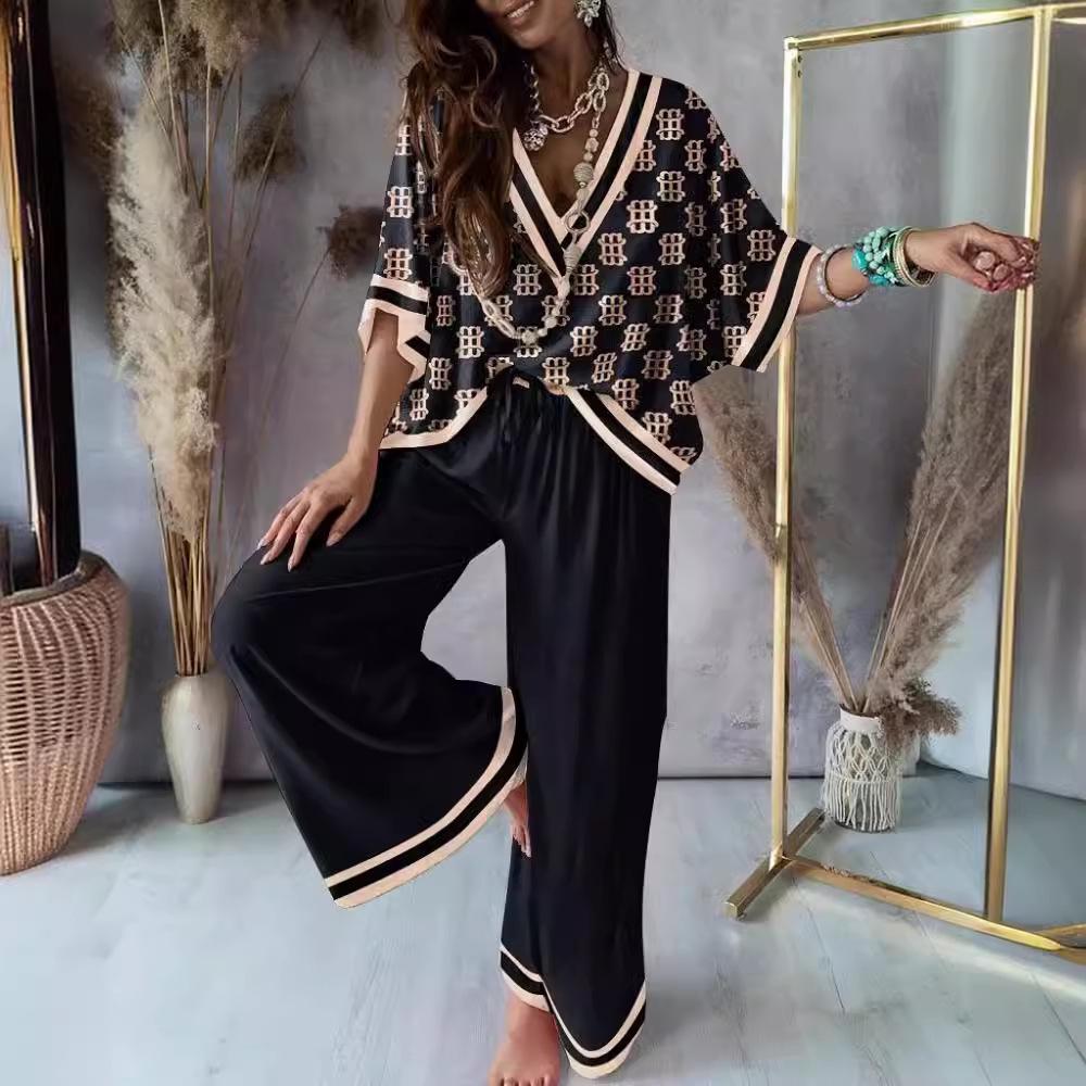 Women's Printed Bat Sleeve Top and Wide-Leg Pants Set