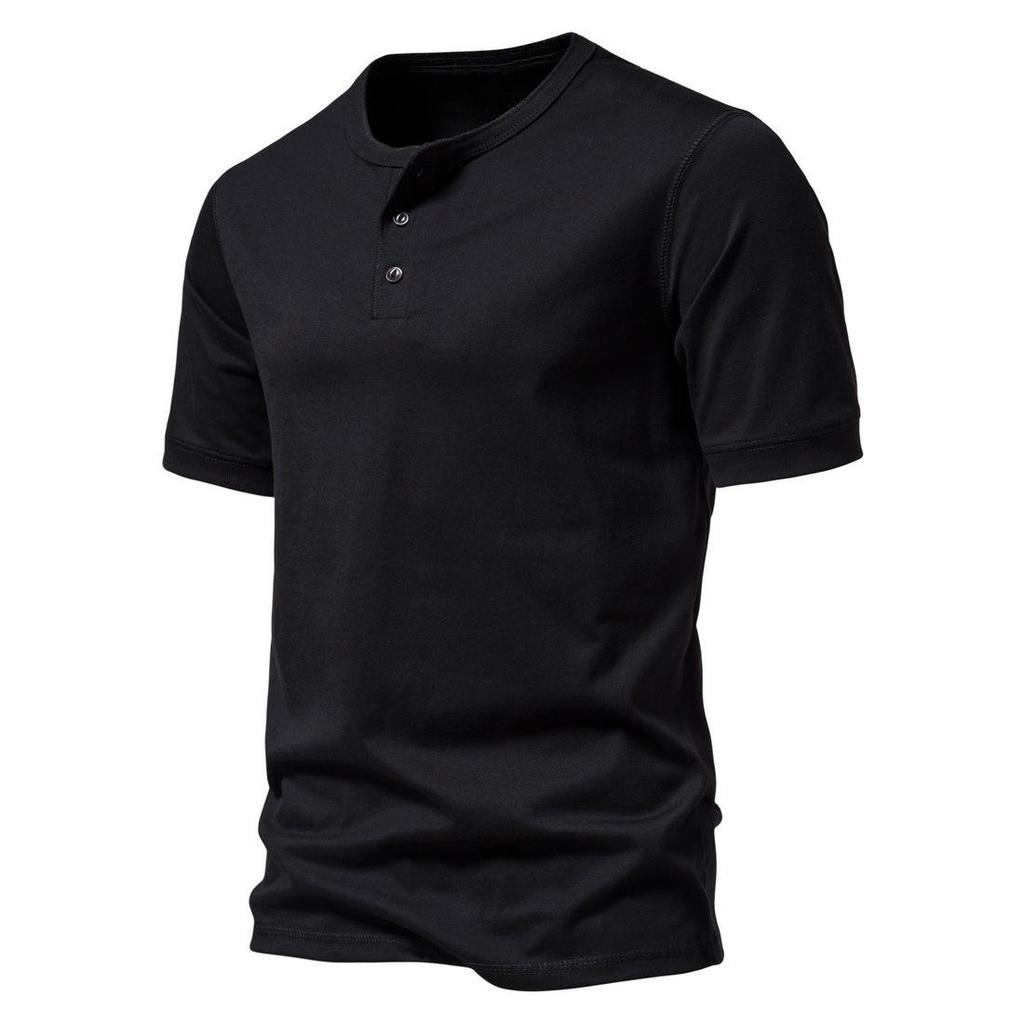 Men's Casual Short-Sleeve Henley T-Shirt: Solid Color, Loose Fit, Three-Button Collar