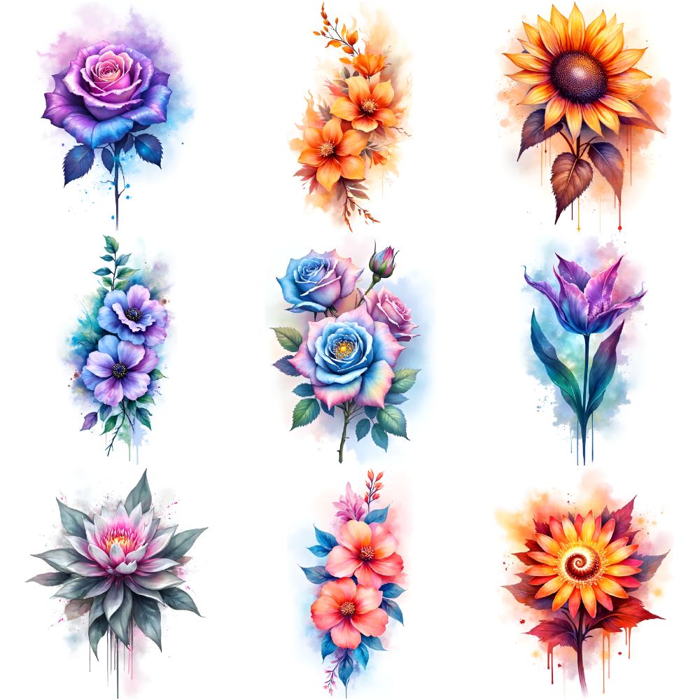 9pcs Temporary Tattoo Watercolor Floral Arrangements Blue Flowers Roses For Shoulders Chest Ladies