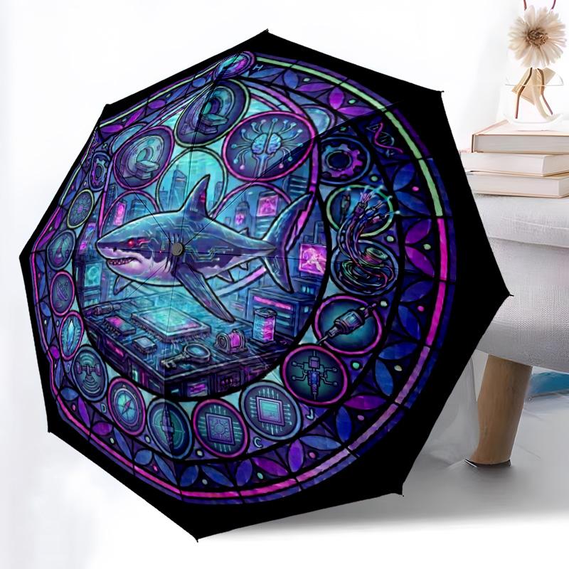 Cybernetic Shark Mandala pattern umbrella, portable and foldable design, 8 ribs, a casual accessory for Halloween, Christmas, and birthday gifts.