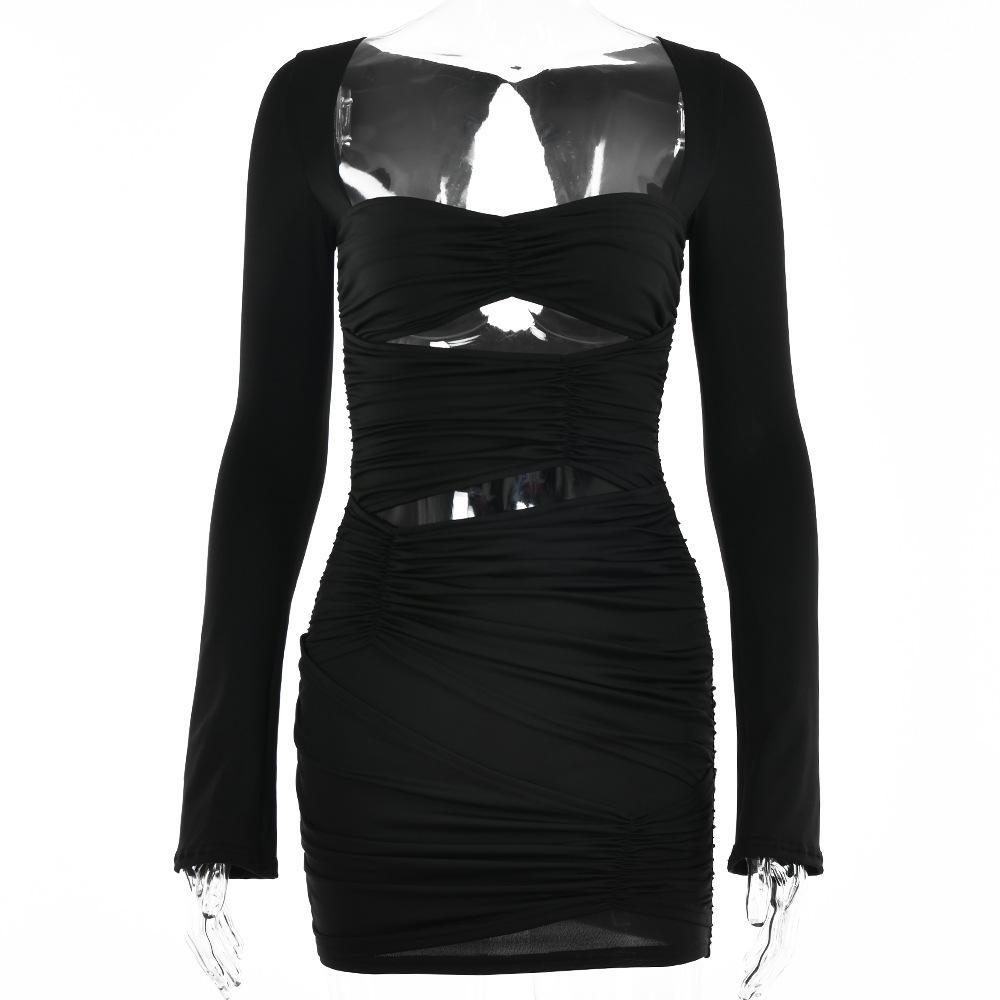Dámské podzimní elegantní noční klubové společenské šaty s dlouhým rukávem, sexy mini šaty s ruchedem