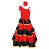 Mädchen Farbblock Tanzkleid Asymmetrische Schulter Stufenrüschen Weiter Saum Flamenco Kostüm Kopfbedeckung