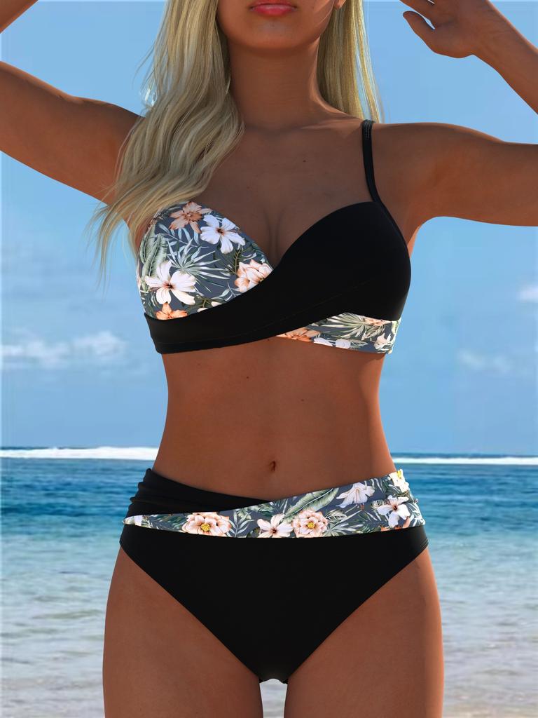 11 new European and American printed split swimsuit women's beach hot spring sexy swimsuit contrasting color screw bag