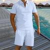 Men Summer Shirt Shorts Set Knee Length Elastic Waist Drawstring Shorts Solid Color Lapel Zipper Neck Short Sleeves Tracksuit Set