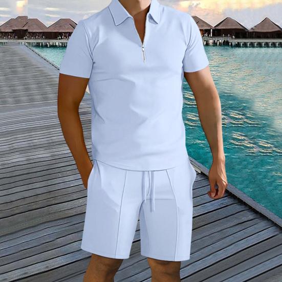 Men Summer Shirt Shorts Set Knee Length Elastic Waist Drawstring Shorts Solid Color Lapel Zipper Neck Short Sleeves Tracksuit Set