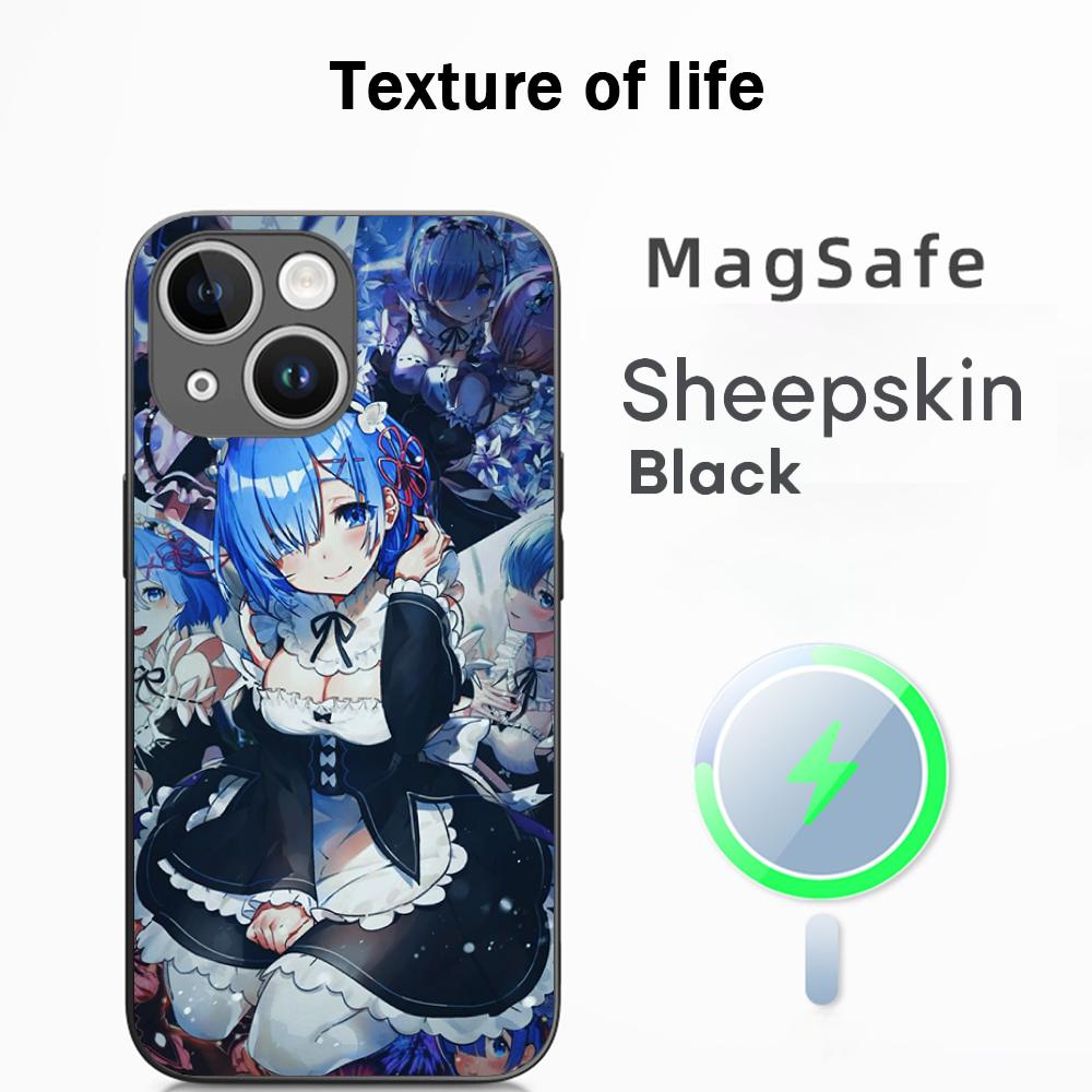 Coque de téléphone motif anime classique fille mignonne Re zero Pour iPhone 17 16 15 14 13 12 Plus Pro Max Haut de gamme Luxe Magsafe Peau de mouton