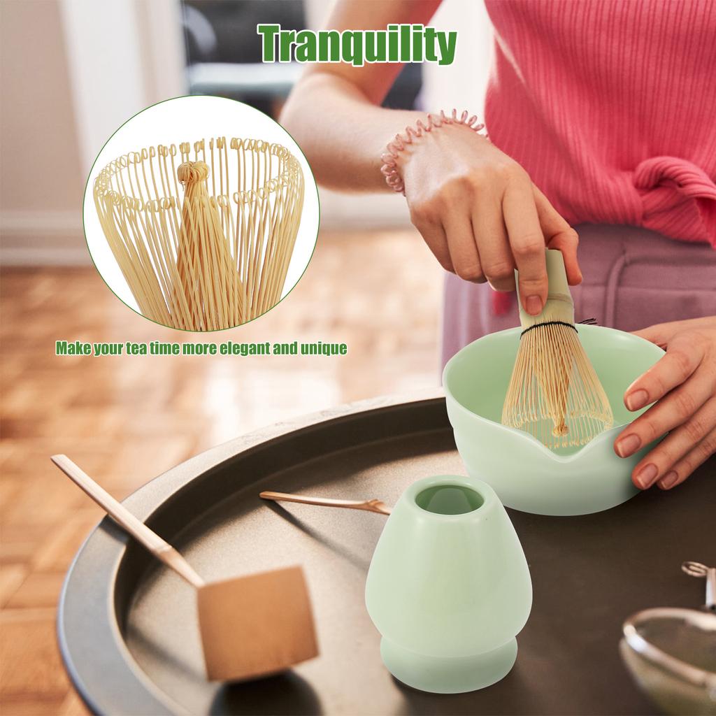 4Pcs Japanese Matcha Whiskey Set Reusable Matcha Making Set with Ceramic Matcha Bowl Matcha Whiskey Rack Bamboo