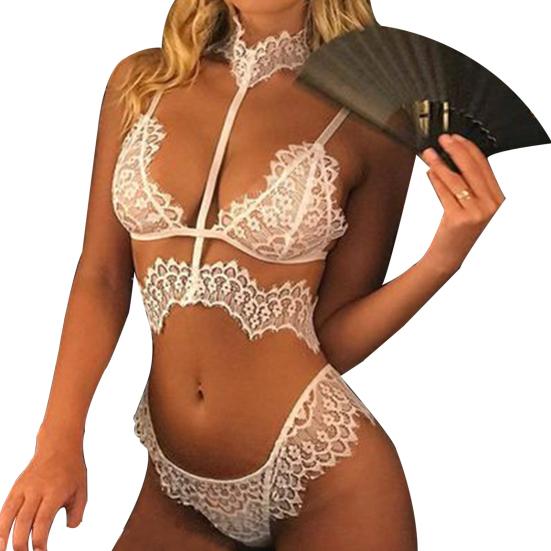 Women Erotic Choker Bra Briefs G-string Lace See Through Nightwear Underwear Set