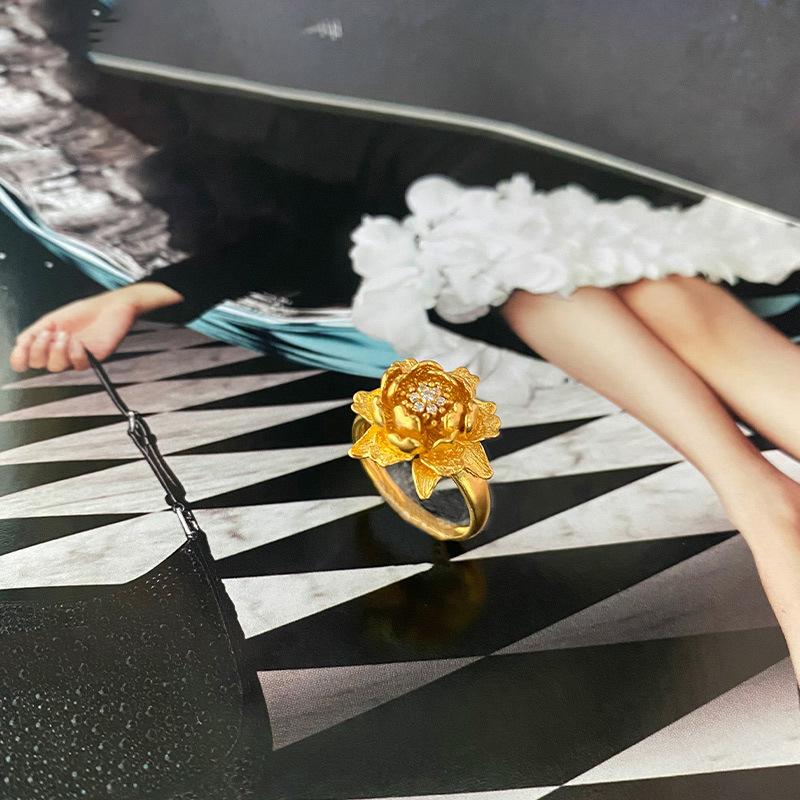 24K Ancient Gold Zircon Lotus Open Ring, New Chinese Light Luxury Exquisite Design Ring, Personalized Niche Jewelry