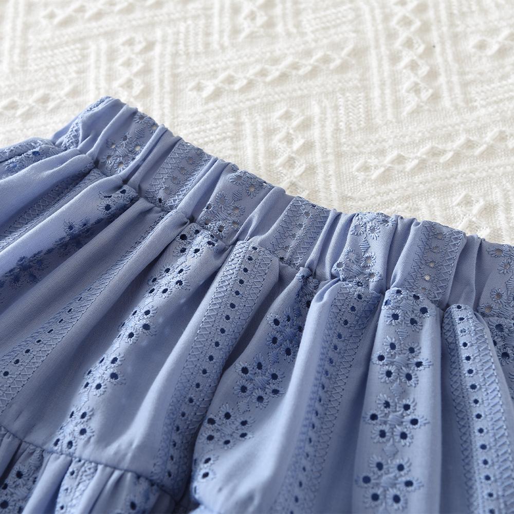 Blue Embroidered Flower Kids Clothes Girls Autumn Long Sleeved Lapel Single Breasted Shirt Top+Short Skirt 2Pcs Set