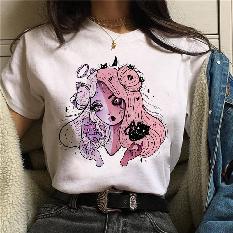 Women Anime Print T-Shirt Grunge Loose Steampunk Tees Gothic Female Harajuku Summer Clothing E-Girl Kawaii Aesthetic Top