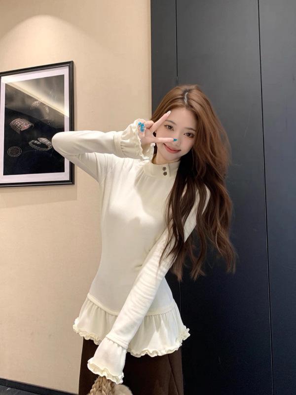 Korean Style Slimming Ruffle Turtleneck Women's T-Shirt for Autumn/Winter