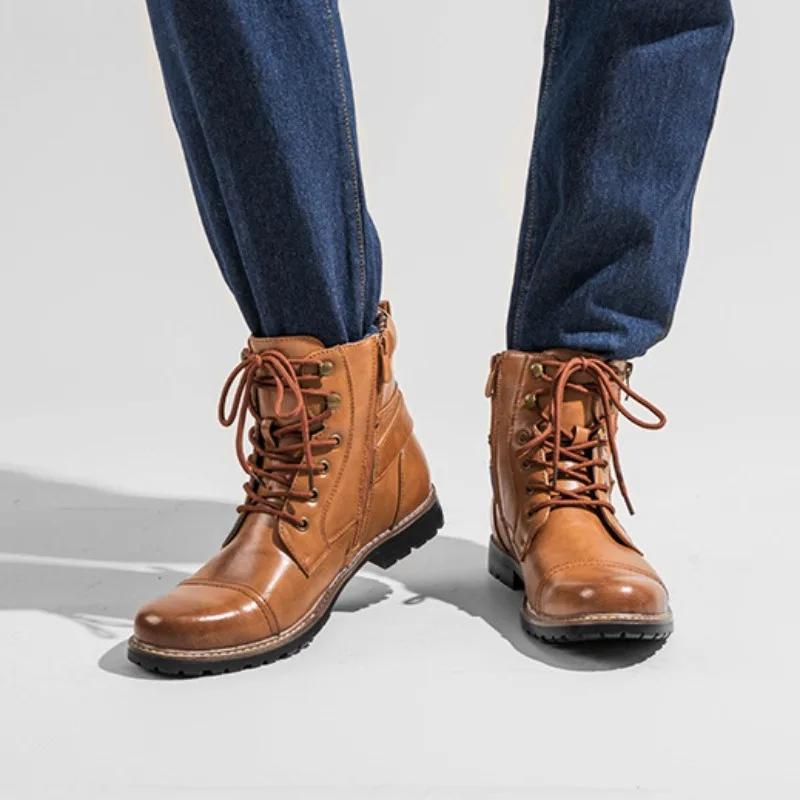 High Top Men Boots Metal Double Zipper Boots for Men Leather Punk Ankle Boots Retro Man Motorcycle Boot Zapatos Para Hombres