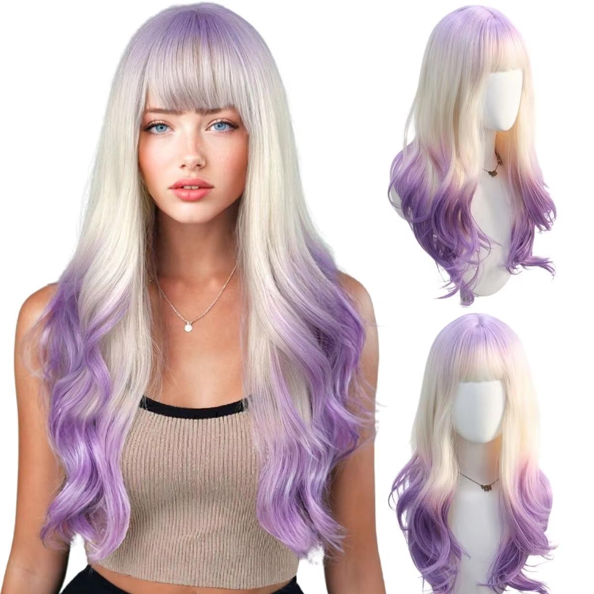 

Фиолетовый Градиент Длинный Кудрявый Синтетический Парик Модный Парик с Крупными Волнами Женский Парик