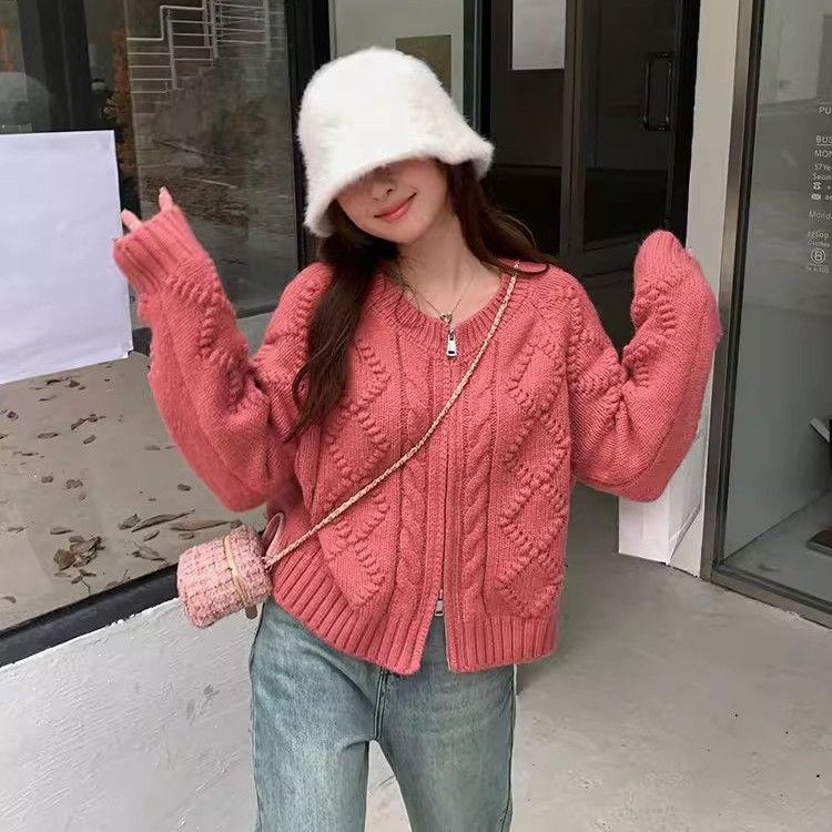

Korean Vintage Cable Knit Double Zipper Sweater Coat Women s Autumn Winter Round Neck Loose Argyle Knitted Short Cardigan Top S рожевий