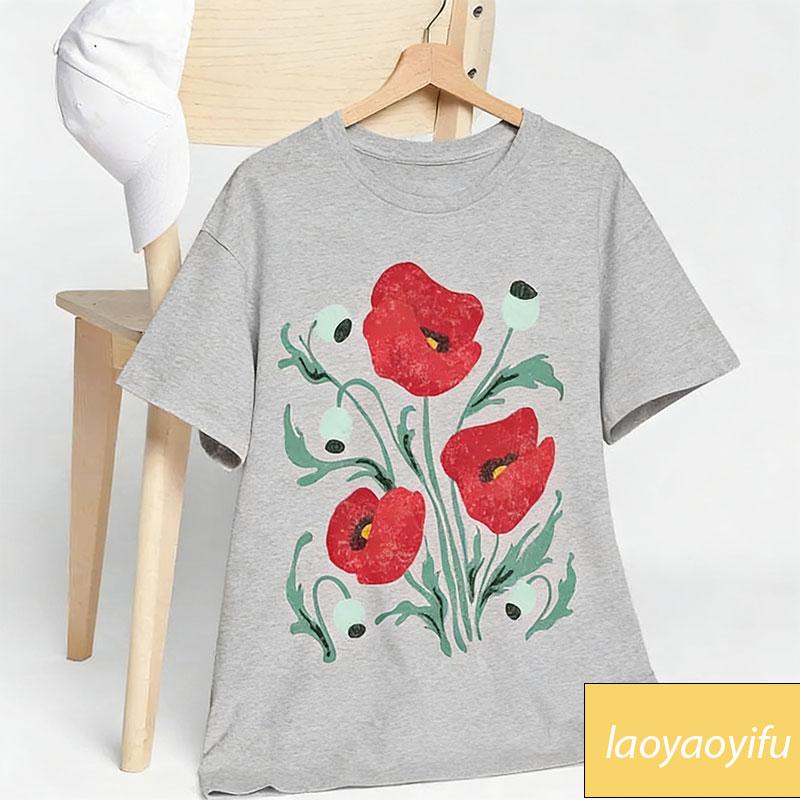Wildflower Shirt for Women HandDrawn Poppies Floral Graphic Tees Heavy Cotton Casual Tops for Nature Lovers Funny Print TShirt S