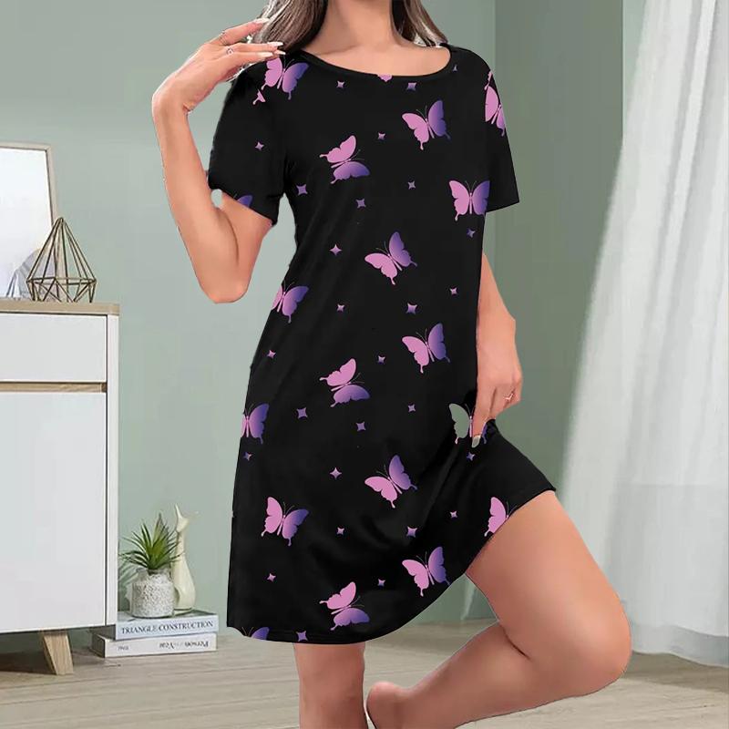 Модное женское свободное цветное принтовое платье с круглым вырезом и коротким рукавом — фото 3