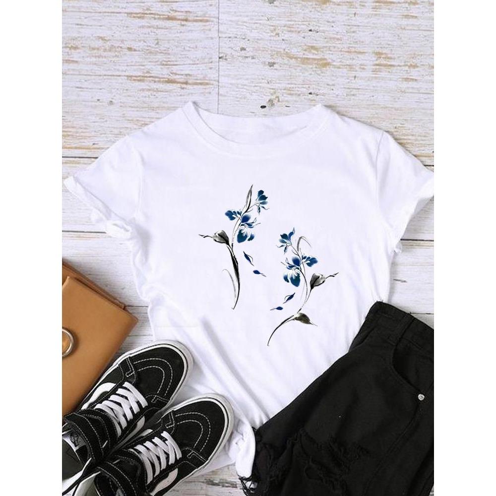 Style Flower Trend Clothing Graphic T-shirts Lady Short Sleeve T Shirt Women Print Female Fashion Clothes Casual Tee