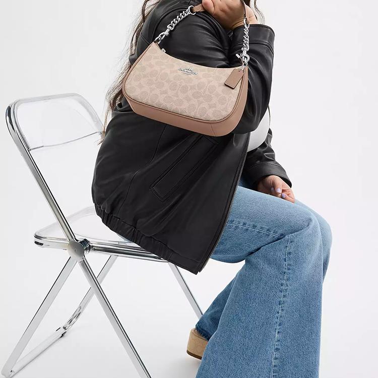 Coach Teri Artificial Leather With Recycled Leather Handbag, Shoulder Bag Medium Womens Sand Yellow Gray Umber