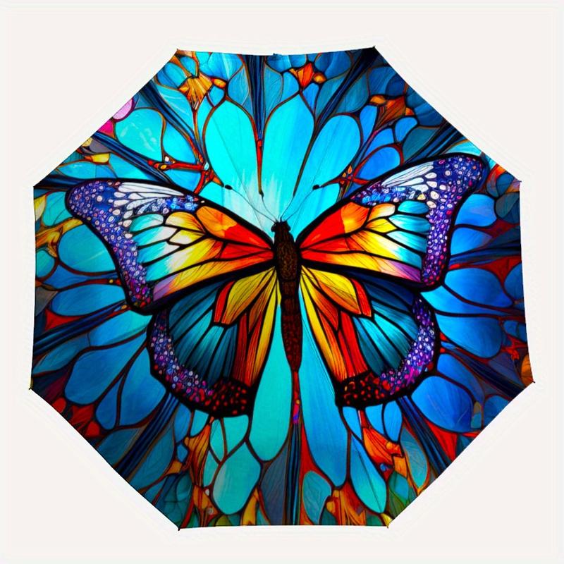 Colorful Butterfly Stained Umbrella, Portable 3-Fold Umbrella for Men & Women,Christmas Gift ES232
