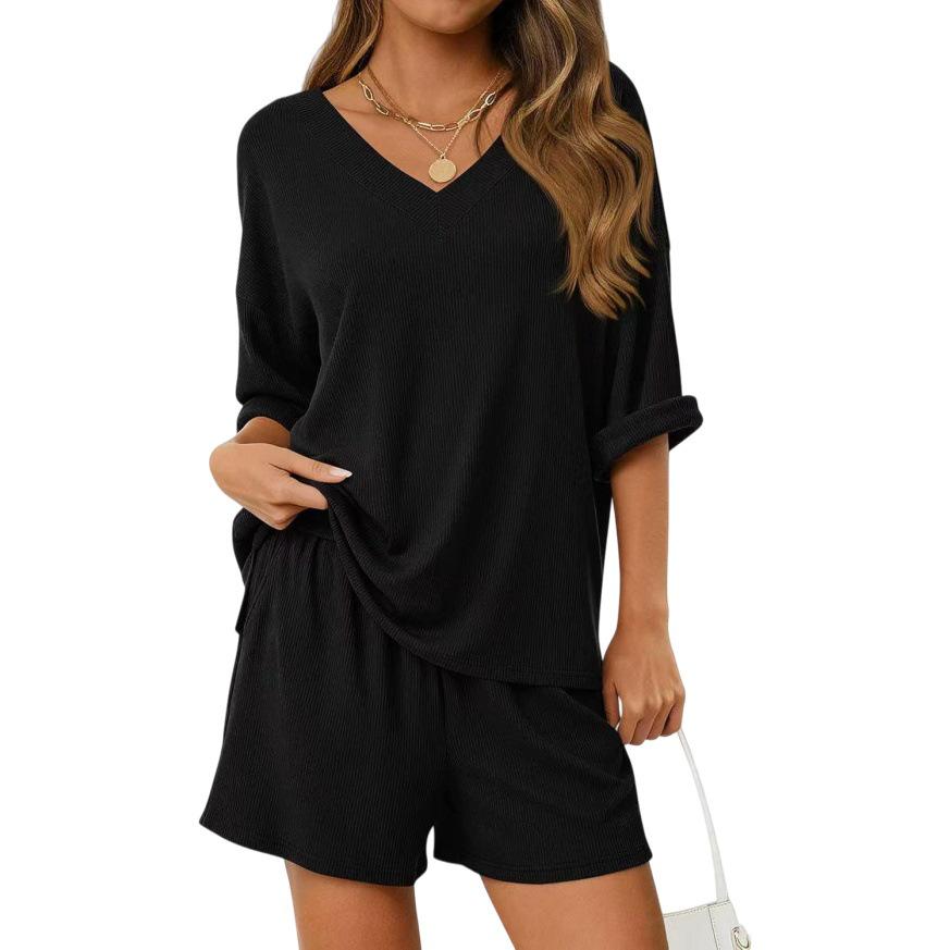 

Women s V-neck Solid Color Shorts and Short Sleeve Set - Comfortable Home Wear (2026) Medium чёрный