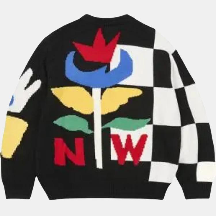 Palace X Jcc+ Collaboration Ss25 Drop8 Black And White Plaid Letter Pattern Printed Ribbed Edge Knit Crewneck Loose Sweater Unisex sweater P28JCCKW001