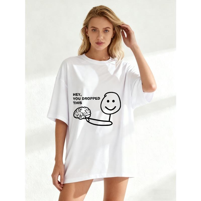 Übergroßes T-Shirt Schwarz Hey Du Hast Dieses Gehirn-Grafik Und Textdruck Lässig Streetwear Für Damen Sommer-Outfit