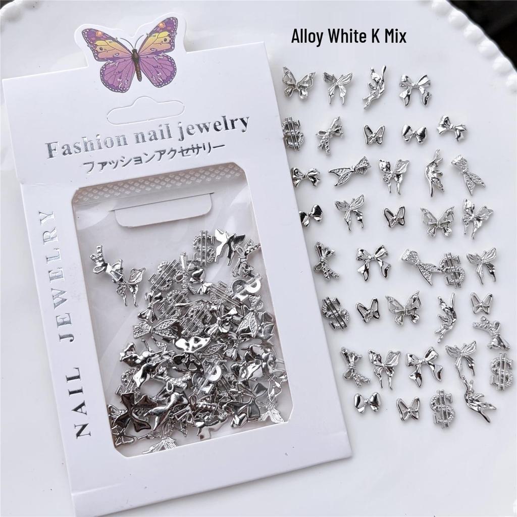 Mixed Alloy Nail Art Charms: Silver Bow, Hollow Butterfly, White K, Mixed Metal DIY Accessories