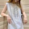 3816 Women's Summer Sleeveless Dress - Elegant White Cotton Linen with Unique Heavy Embroidery