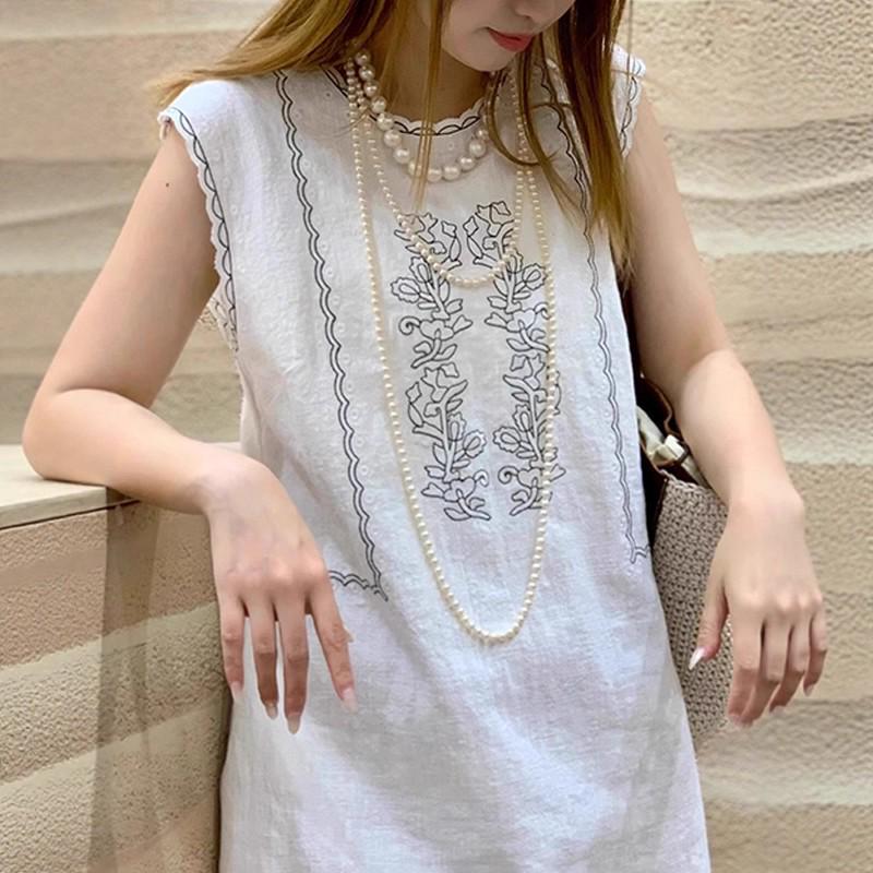 3816 Women's Summer Sleeveless Dress - Elegant White Cotton Linen with Unique Heavy Embroidery