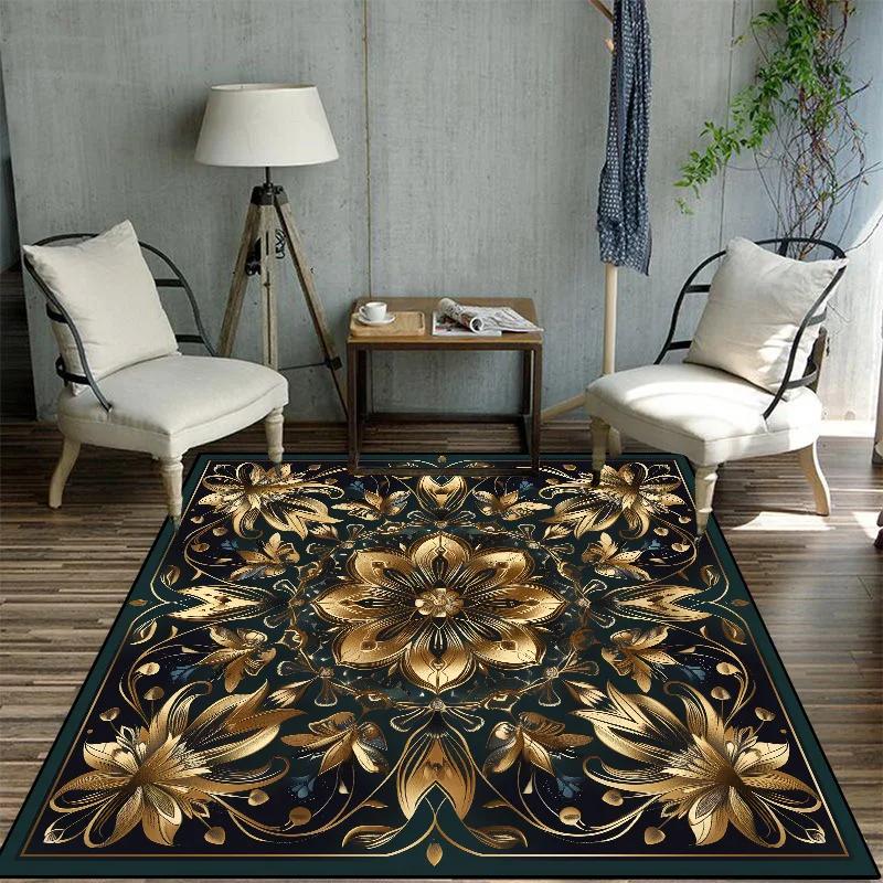 

Golden Flowers Luxury Decorative Rug for Living Room European Style Parlor Coffee Table Carpet Non-slip Entrance Door Mat 80x120cm