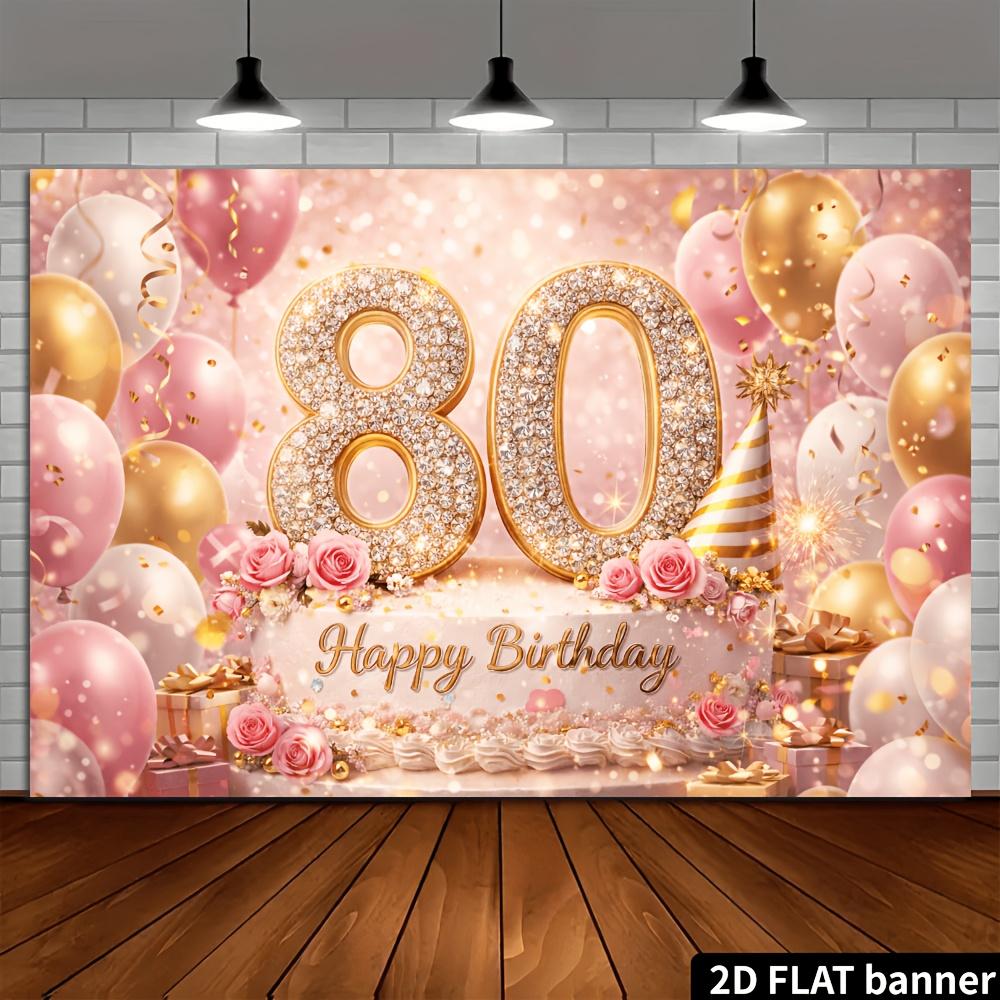 Fondo de pancarta de fiesta de 80 cumpleaños en plano 2D con número 80 incrustado con diamantes, tema de cumpleaños 80 hecho de material de poliéster