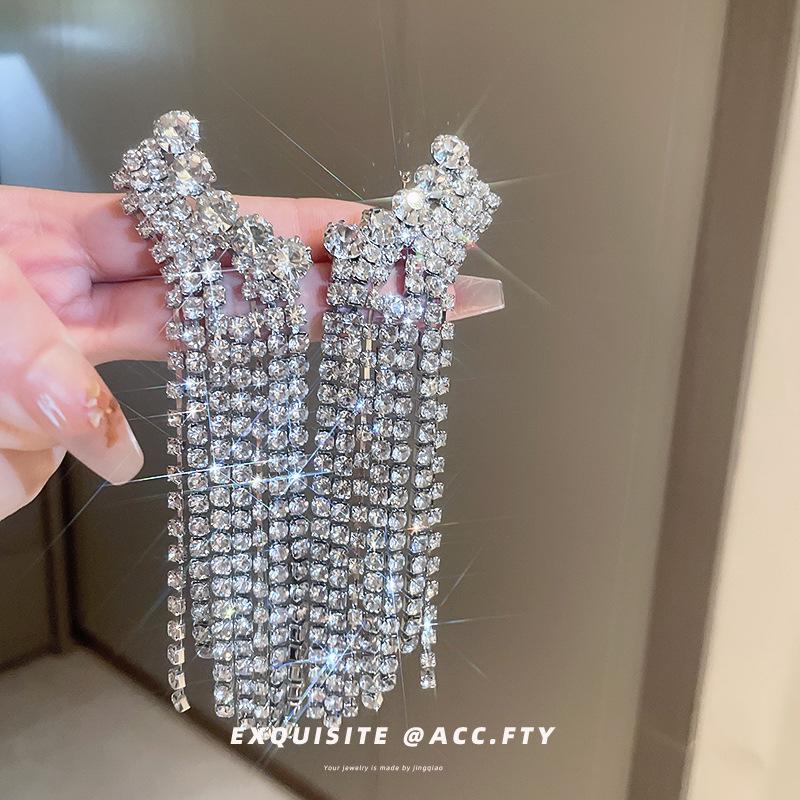 Exaggerated Diamond Tassel Silver Earrings - European & American Luxury High-End Fashion for Women