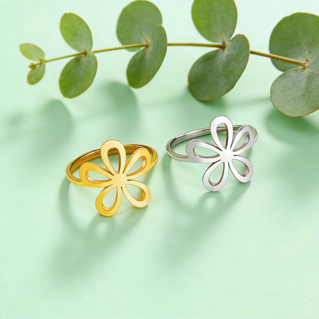 Stainless steel flower ring for women and girls golden and beautiful bohemian romantic ring engagement jewelry and gift