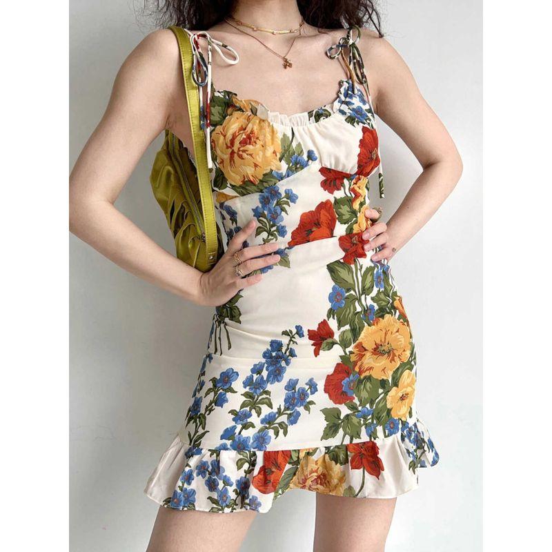 

Женская одежда больших размеров Полная девушка Западный стиль Принт масляной живописи Платье-слинг на бретелях с оборками Короткое платье А-силуэта Image color L suggestion [100-120]]