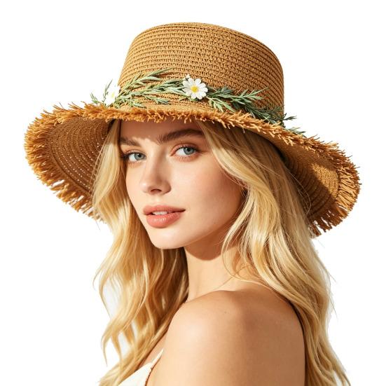 Sun Hat Wide Brim Floppy Edges Breathable Woven Straw Hat with Chrysanthemum Garland Lightweight Summer Beach Travel Hat