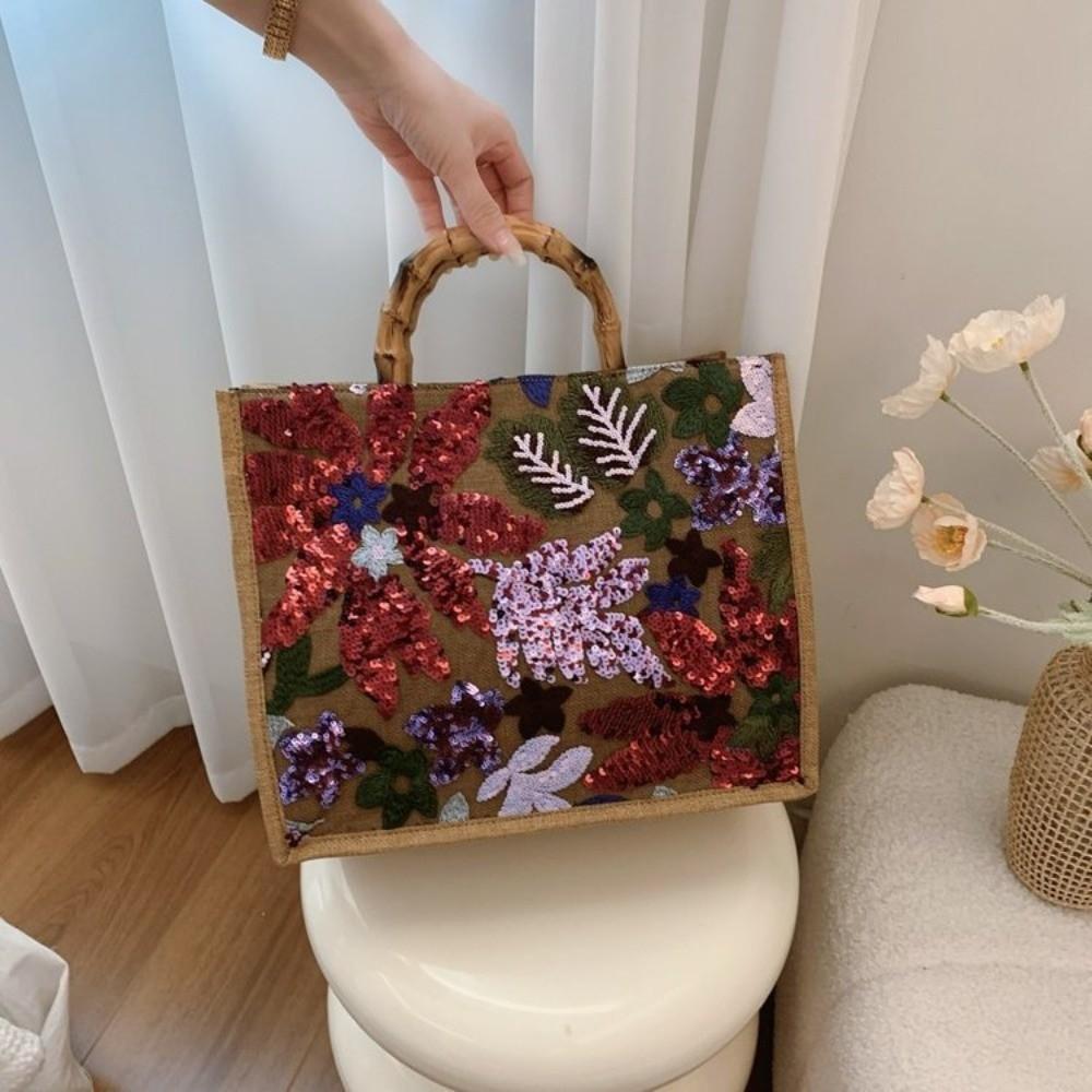Colorful Sequins Bamboo Knot Handbag Large Capacity Chinese Style Lace Weaving Tote Bags Bamboo Knot Retro