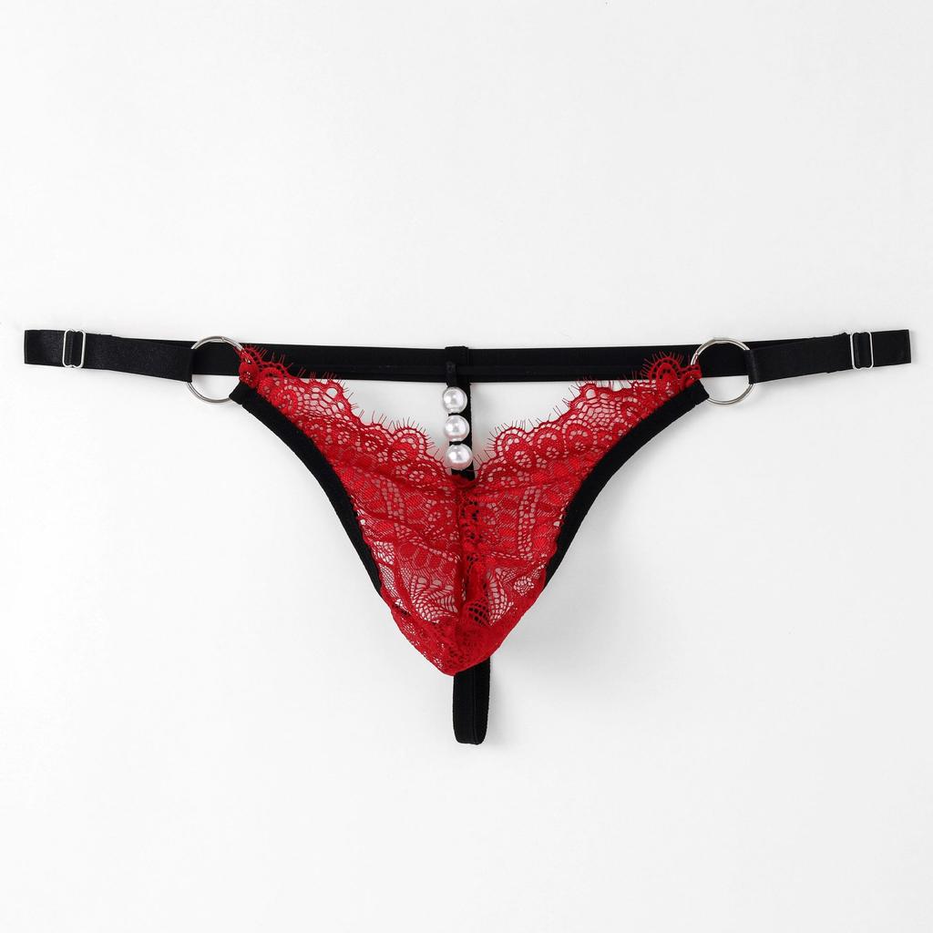 Sissy Pouch Panties Sexy Men Lingerie Waist Adjust Lace Perspective T-Back Thong Low Rise Crossdresser G-String Pearl Underwear