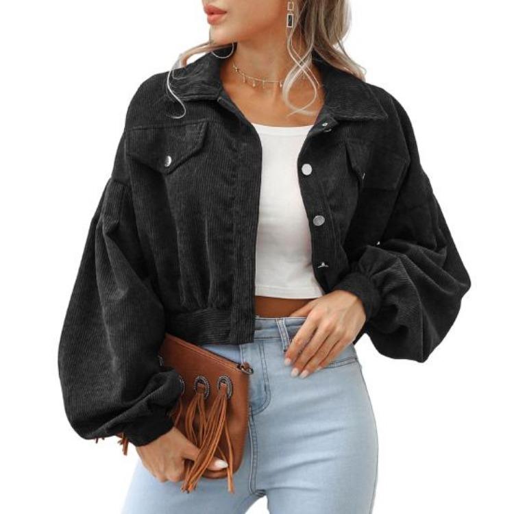 Giacca Corta in Velluto a Coste Vintage Autunnale da Donna Cappotto Monocolore Revers Manica a Lanterna Monopetto Capospalla
