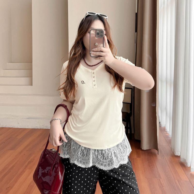 

Plus size women clothing [Beautiful Chic Shirt] Button Embroidery Pleat Short sleeve T-shirt Summer Slim fit Slimming Top