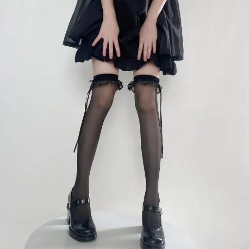 Black White Ruffle Long Socks Women Girls Sweet Ultra-thin Stockings JK Lolita Lace Leggings Over The Knee Bowknot Hosiery