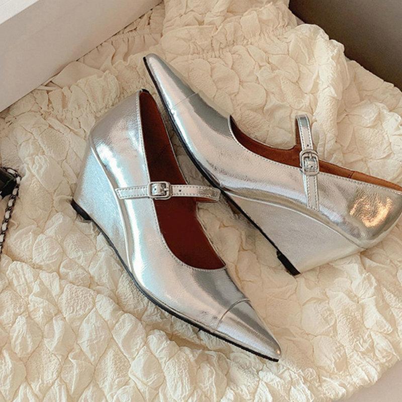 2025 Summer Cow Leather Pointed Wedge Pumps New High Heels Patent Leather Mary Jane Women's Shoes