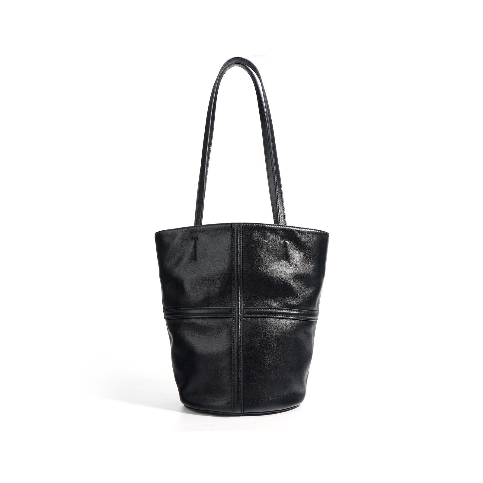 

2025 новая женская модная сумка-мессенджер через плечо из натуральной кожи первого слоя, текстурная, с большой вместимостью, повседневная сумка-ведро чёрный