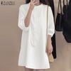 ZANZEA Women Casual Round Neck Loose 3/4 Sleeve Plain Dress