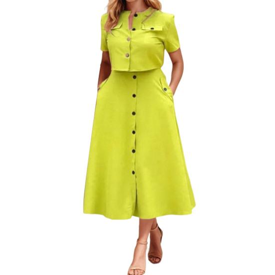 Women's Shirt And Skirt Solid Color O Neck Button Down Blouse Skirt with Pockets Summer Outfit for Office Business Occasions